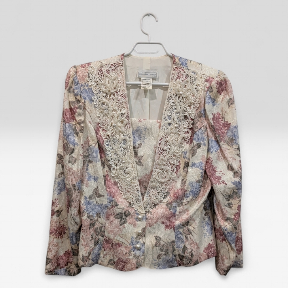 Vintage Jessica McClintock Bridal Floral Lace Pearl Blazer Jacket